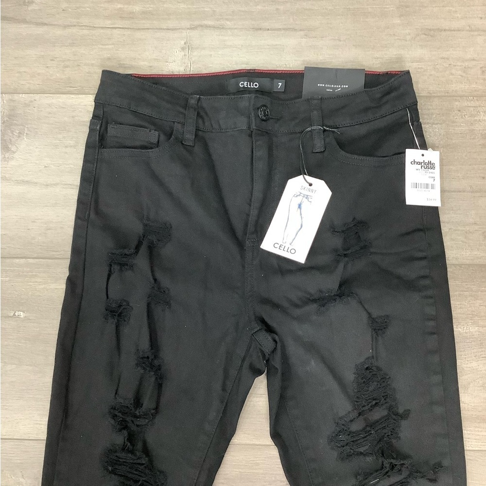 Charlotte Russe 7 Medium Jeans Destroyed Black Stacked Skinny Stretch Torn NWT - Picture 4 of 9